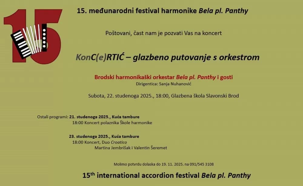 Slavonski Brod ponovno domaćin harmonikaškog spektakla: danas počinje 15. međunarodni festival harmonike Bela pl. Panthy