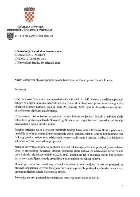 Grad Slavonski Brod objavljuje ispravak netočnih navoda u otvorenom pismu Slavice Lemaić