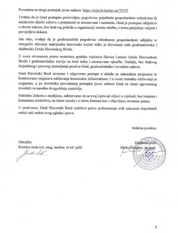 Grad Slavonski Brod objavljuje ispravak netočnih navoda u otvorenom pismu Slavice Lemaić