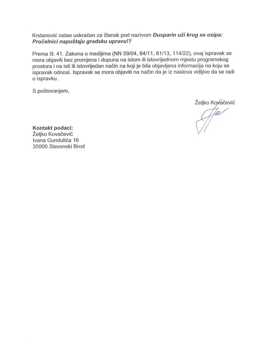 Dusparin pročelnik Željko Kovačević traži ispravak objavljenih informacija