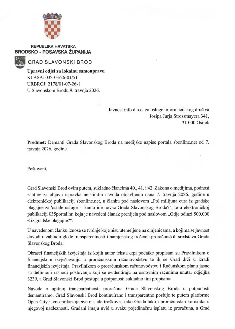 Demanti Grada Slavonskog Broda na medijske napise portala sbonline.net od 7. travnja 2026. godine