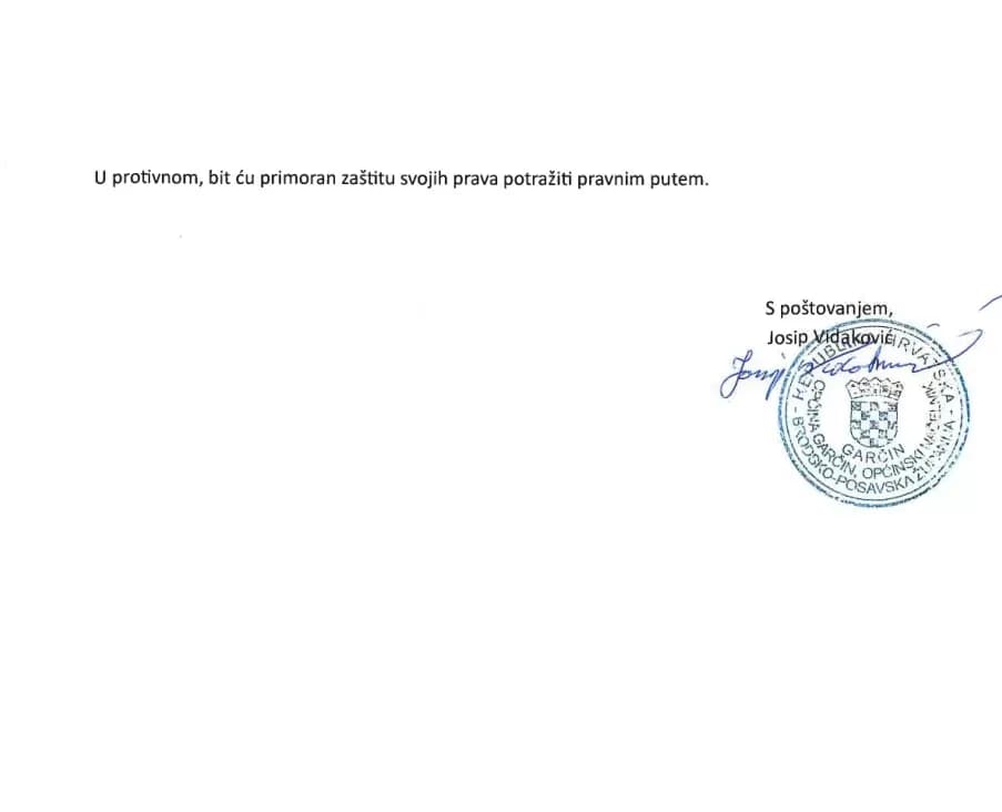 Objavljujemo Zahtjev općinskog načelnika Garčina Josipa Vidakovića