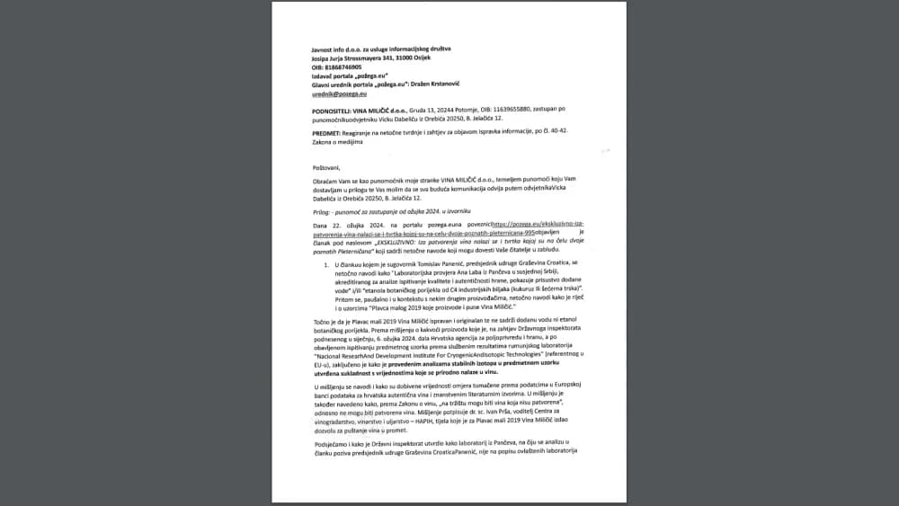 Objava dematija na objavljeni članak ʼEKSKLUZIVNO: Iza patvorenja vina nalazi se i tvrtka kojoj su na čelu dvoje poznatih Pleterničanaʼ