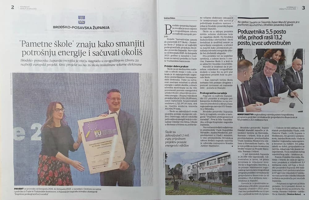 Večernji list donosi nešto više o Projektu ʼPametne škole2ʼ Brodsko posavske-županije koji je svojio treću nagradu