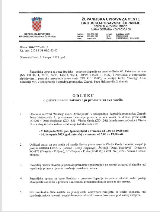 Obavijest Županijske uprave za ceste