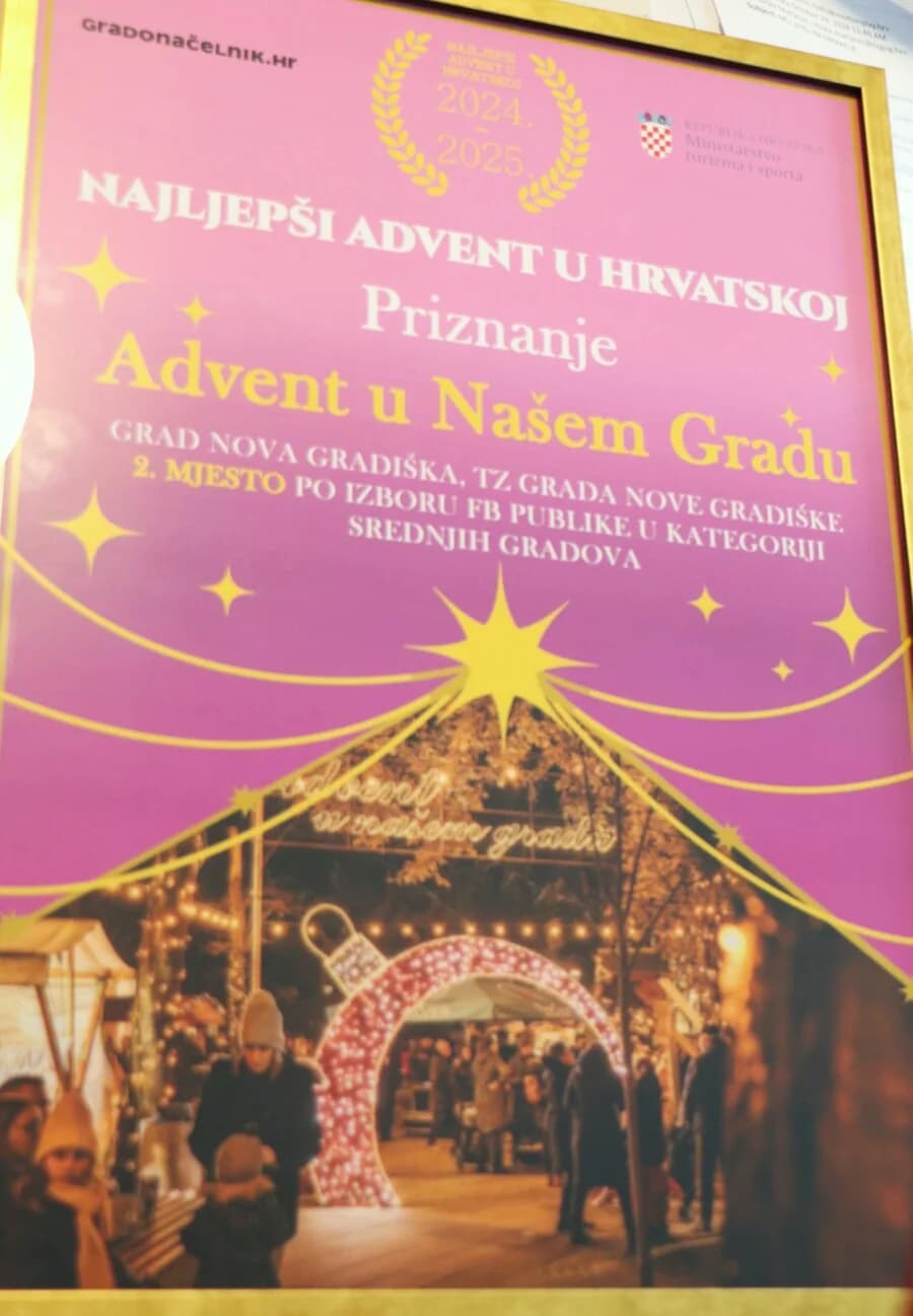 Novogradiškoj Turističkoj zajednici uručena Povelja za osvojeno drugo mjesto u natjecanju za najljepši advent srednjih gradova