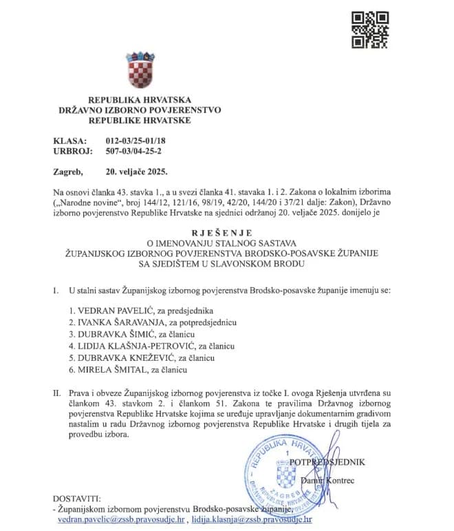 Državno izborno povjerenstvo imenovalo Vedrana Pavelića za predsjednika Županijskog izbornog povjerenstva Brodsko-posavske županije