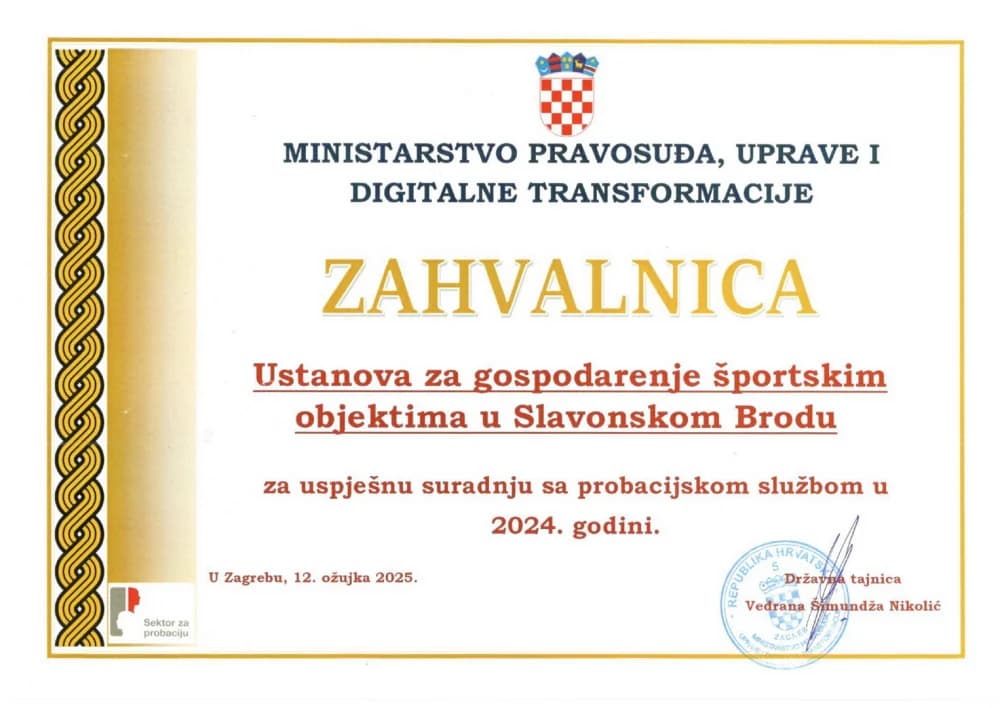 Ustanova za gospodarenje športskim objektima u Slavonskom Brodu dodijeljena zahvalnica za suradnju s probacijskom službom