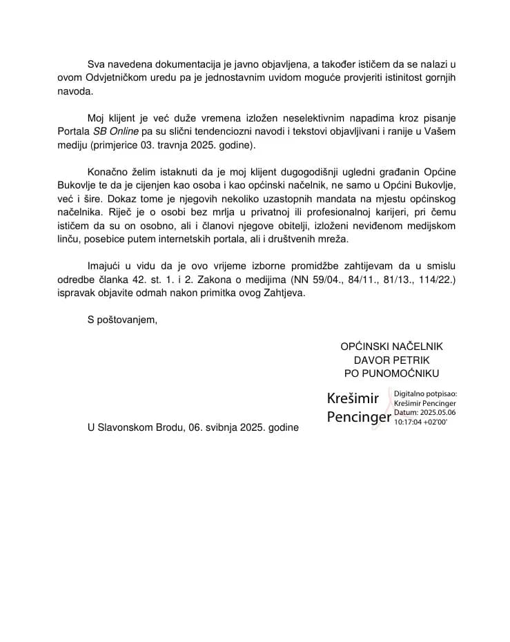 Objavljujemo zahtjev za ispravak objavljene informacije na zahtjev Davora Petrika kojeg zastupa odvjetnik Krešimir Pencinger