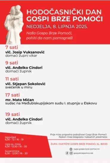 (NAJAVA) Hodočasnički dan Gospi Brze Pomoći: 8. lipanj 2025. - raspored pobožnosti i misnih slavlja