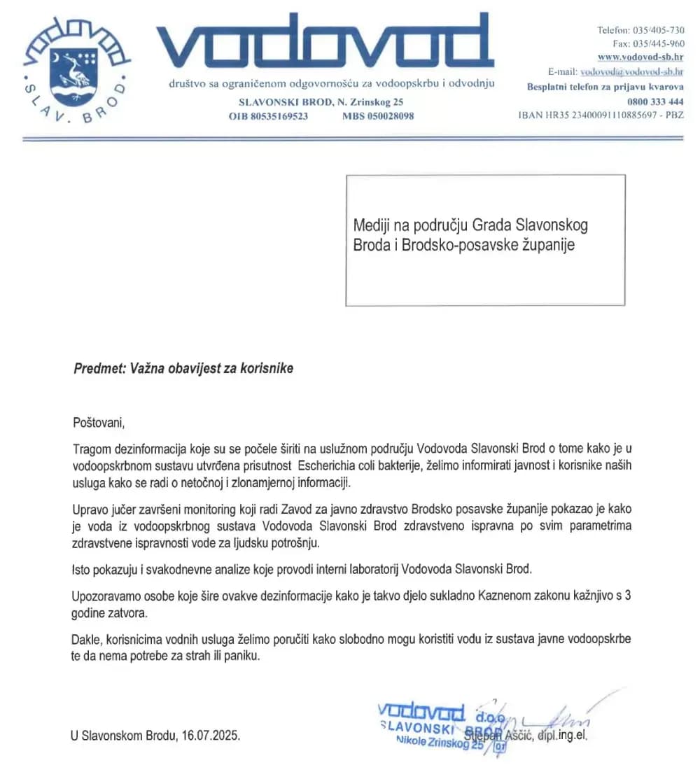 ʼVODOVODʼ: Brođani, pijete zdravu vodu, ne nasjedajte na zlonamjerne dezinformacije